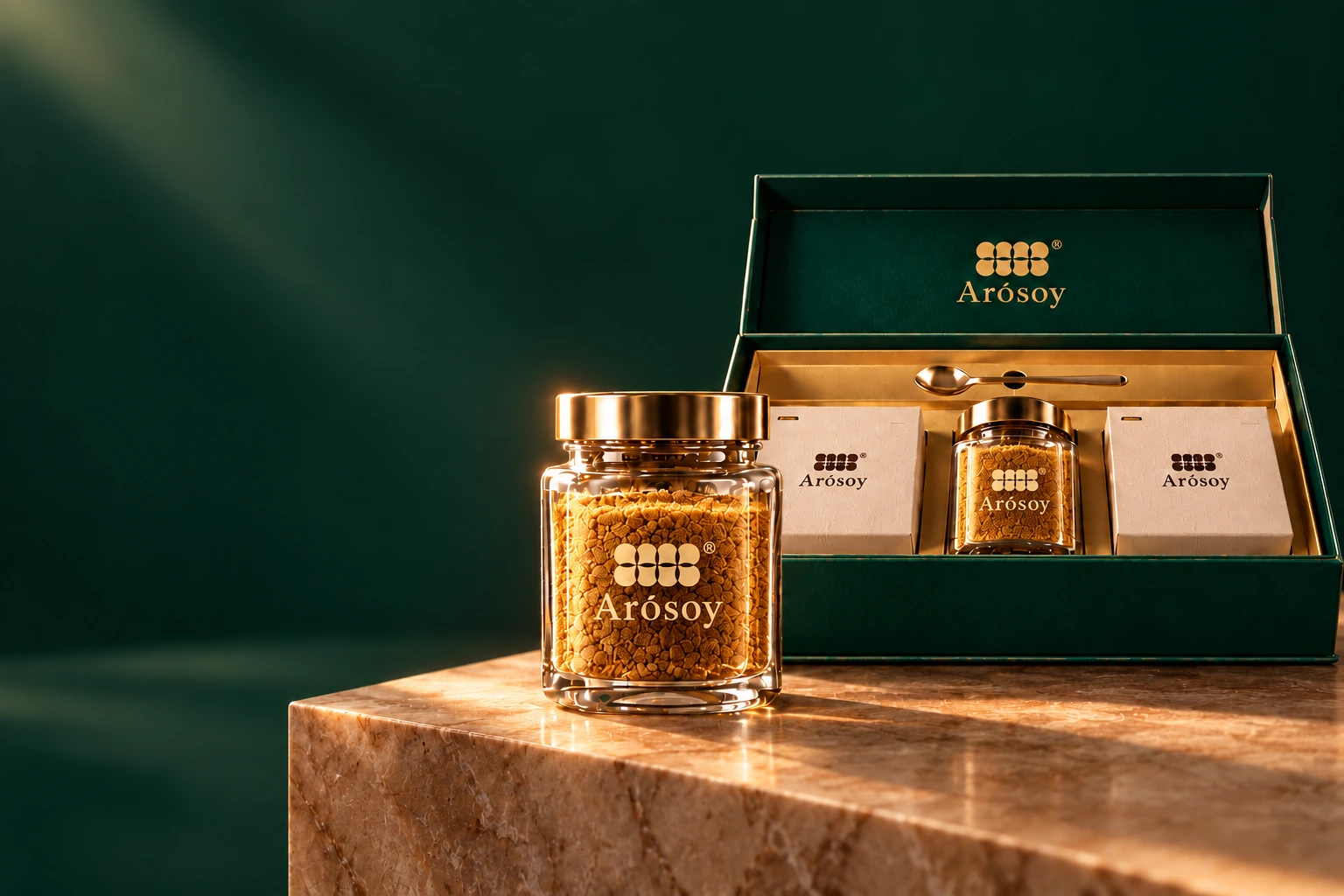 AROSOY 金色产品瓶与礼盒展示效果图